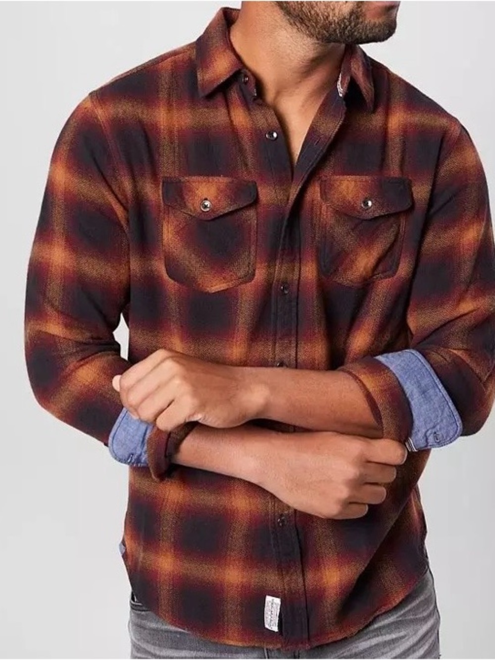 Flag & Anthem Plaid Button Up Shirt Men’s Large Flannel Style Brown Orange Check